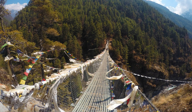 Suspension bridge in Himalayan mountains, Nepal
