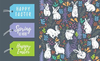 Vector set of Easter tags and seamless pattern
