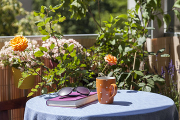 Buch, Sonnenbrille und Becher