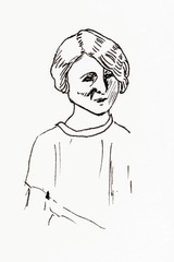 Original ink line drawing. Portrait of a 1920s girl.