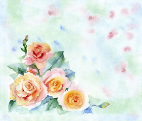 Watercolor painting. Floral arrangement red-yellow flowers on a green blurred background