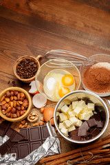 Baking chocolate cake in rural or rustic kitchen.