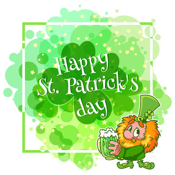 Greeting card for St. Patrick's day with a funny leprechaun, fir