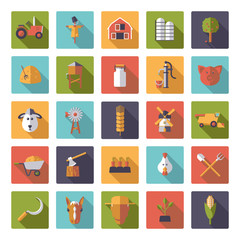Flat Design Agriculture and Farming Square Icon Set. 