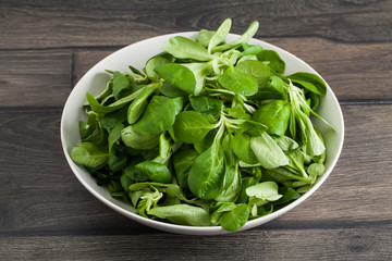 Salad leaves in bowl on wooden planks background