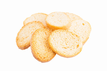 White bread croutons with salt on a white background