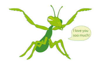 Mantis eats you with Love. Funny vector illustration. Cartoon character Mantis.