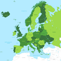 Obraz premium Mapa Europy zielony wysokiej szczegółowo wektor