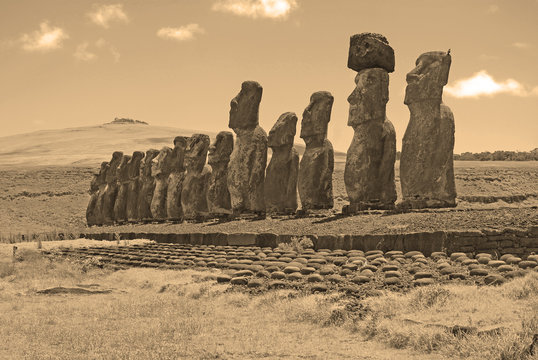 Moai Stone Statues at Rapa Nui - Easter Island, Polynesia, Chile, sepia toning