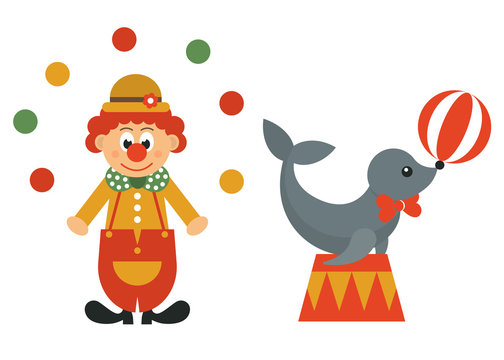 clown in hat and balls and seal animal