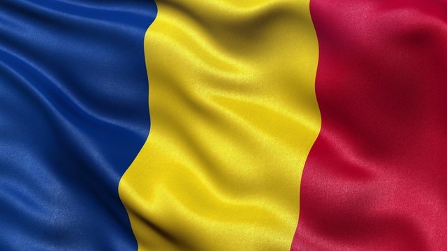 Realistic flag of Romania waving in the wind. Seamless loop with highly detailed fabric texture.