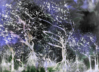 Glowing trees in a nightly storm. The dabbing technique gives a soft focus effect due to the altered surface roughness of the paper.