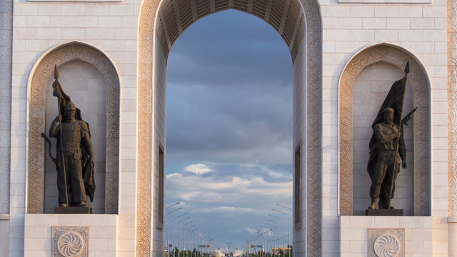 triumphal arch timelapse and the central part of the city in Astana, Kazakhstan.