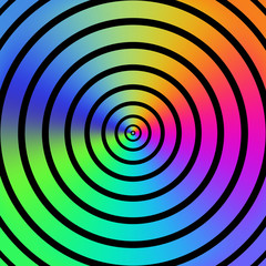 Graduated rainbow colours circles on black.