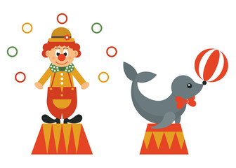 clown on a pedestal and seal animal