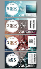 Set of modern gift voucher templates. DNA molecule structure on dark green background. Science vector background
