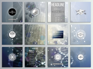Set of 12 creative cards, square brochure template design. DNA molecule structure on dark blue background. 