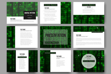 Set of 9 templates for presentation slides. Virtual reality, abstract technology background with green symbols, vector illustration