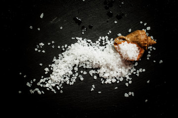 Sea salt in a shell on a dark stone background, top view
