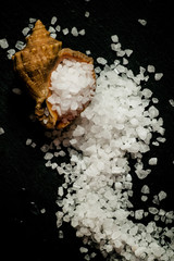 Sea salt in a shell on a dark stone background, top view