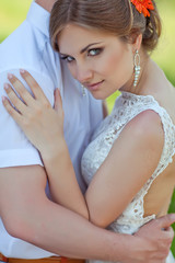 Bride and groom are kissing in old town 