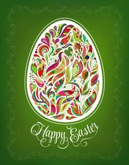Happy Easter Card. Doodle ornate colorful floral egg and lettering on green background.