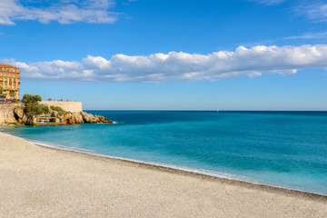 Fototapeta na wymiar View of luxury resort Nice on French Riviera at Mediterranean Sea. Cote d'Azur. France.
