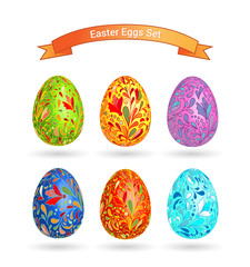 Set of color Easter eggs. Doodle ornate pattern on colorful eggs.