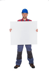 construction worker  with  banner , plumber with   information posters
