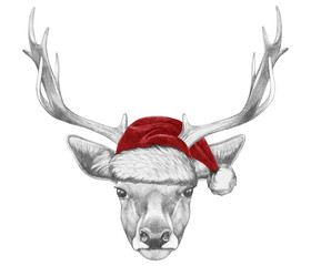 Portrait of Deer with Santa Hat. Hand drawn illustration.