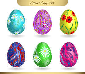 Set of realistic eggs on white background. Easter collection. Vector illustration. Floral hand draw doodle  ornate pattern on colorful eggs.