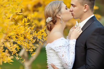 Bride and groom in autumn forest 