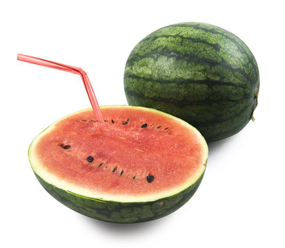 water melon with straw , ready to drink , isolated on white background , clipping path