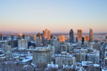 Montreal skyline at sunset, in Winter