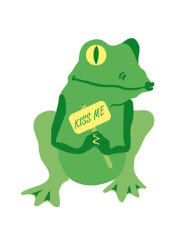 Green frog waiting for a kiss. Funny vector illustration. Cartoon Character Frog.