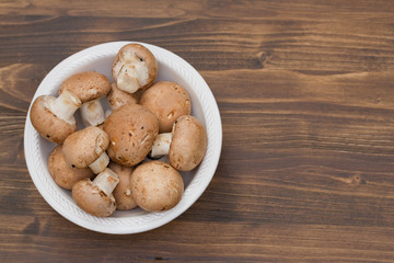 mushrooms in plate on brown wooden background