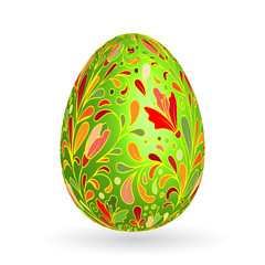 Colorful easter egg with ornate doodle floral decoration. Colorful floral pattern on green egg.