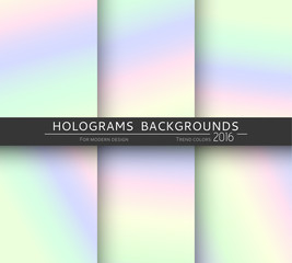 Set of 6 realistic holographic backgrounds in different colors for design. Hologram to create trendy modern design. Backgrounds for design cards, filling silhouettes, pattern design to printing.