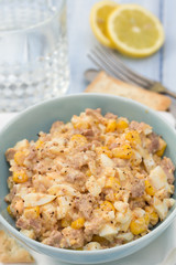 fish salad on blue bowl on blue background