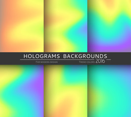 Fototapeta premium Set of 6 realistic holographic backgrounds in different colors for design. Hologram to create trendy modern design. Backgrounds for design cards, filling silhouettes, pattern design to printing.