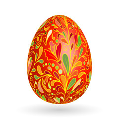 Colorful easter egg with ornate doodle floral decoration. Colorful floral pattern on red egg.
