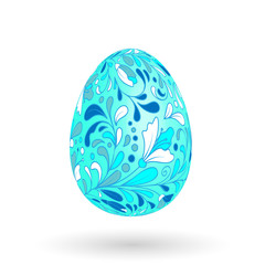 Colorful easter egg with ornate doodle floral decoration. Colorful floral pattern on blue egg.