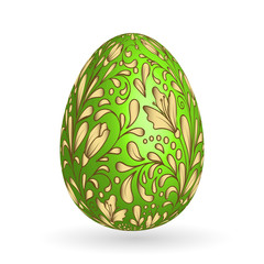 Vector illustration of  floral  easter egg on white background. Gold floral pattern on green egg.
