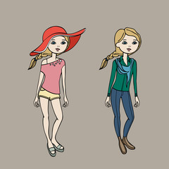 Cute teen girl in two fashion outfits. Body template. Vector illustration
