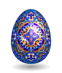 Colorful Single Vector Easter Egg with Abstract Colorful Pattern - Beautiful Close Up Design with Smooth Shadow on the Ground. Gold and bright blue ornate pattern on blue egg.