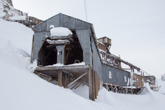 Exterior of an abandoned Arctic coal mine buildings in Longyearbyen