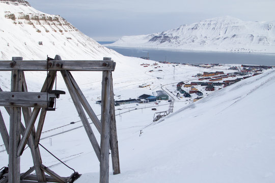 City view from old abandoned coal mine. Longyearbyen, Spitsbergen