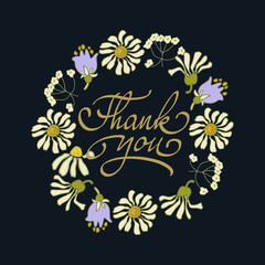 Fototapeta na wymiar Card template with hand drawn flower border and hand written Thank You text. Vector illustration.