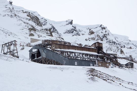 Exterior of an abandoned Arctic coal mine buildings in Longyearbyaen
