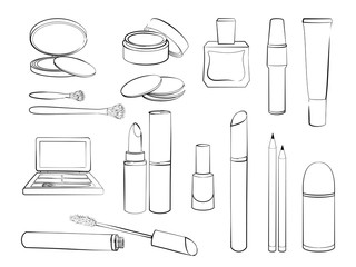 Decorative cosmetics set. Hand drawn collection of products for makeup. Sketch of elements for make-up isolated on white background. Black and white outline